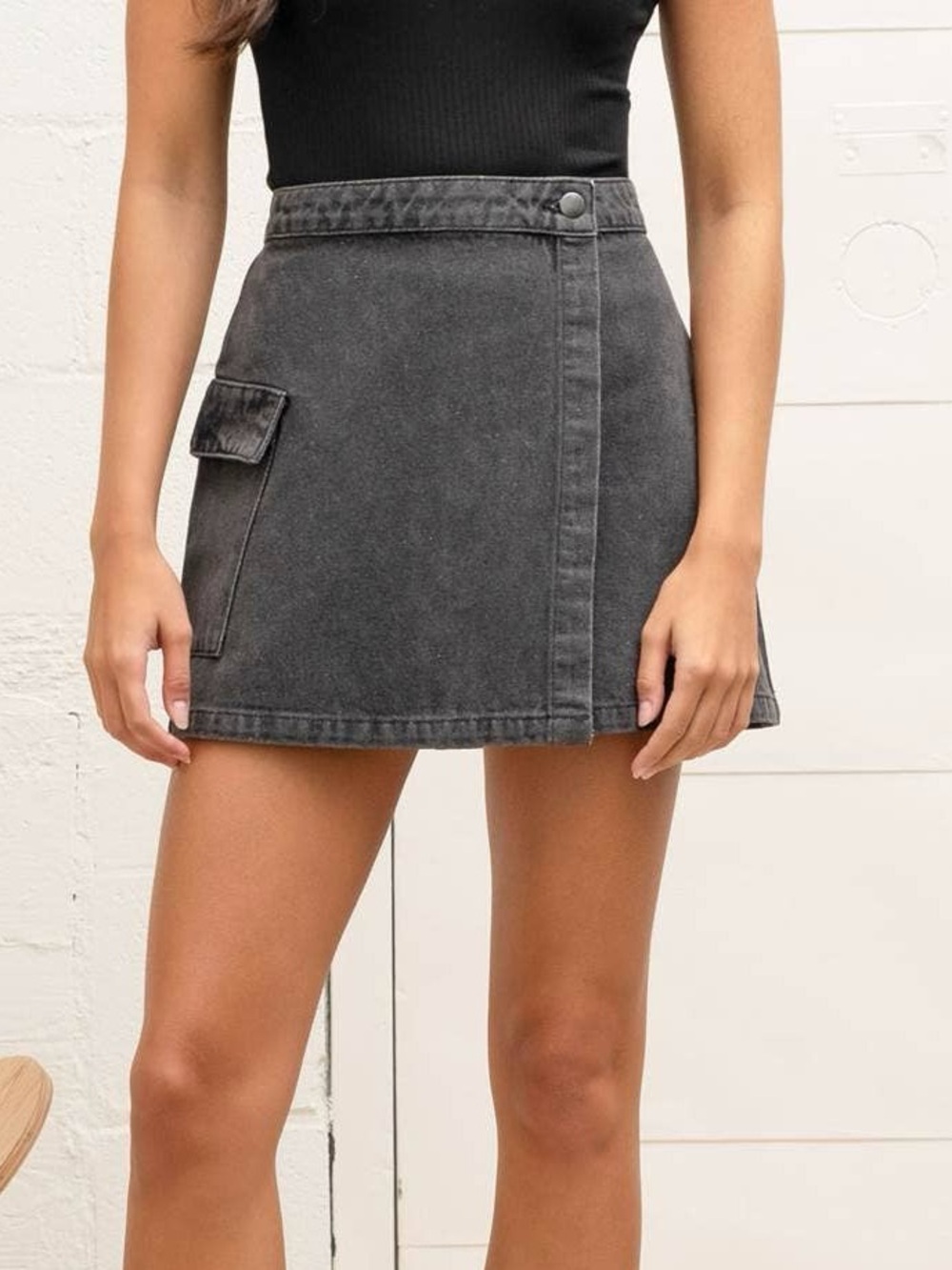 Needii Charcoal Washed Wrap Around Denim Mini Skirt